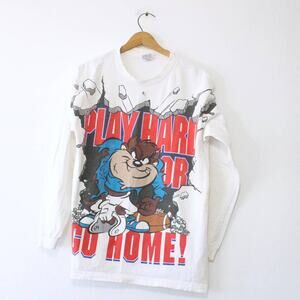 Vintage Looney Tunes Taz Play Hard Or Go Home Football Long Sleeve T Shirt Large